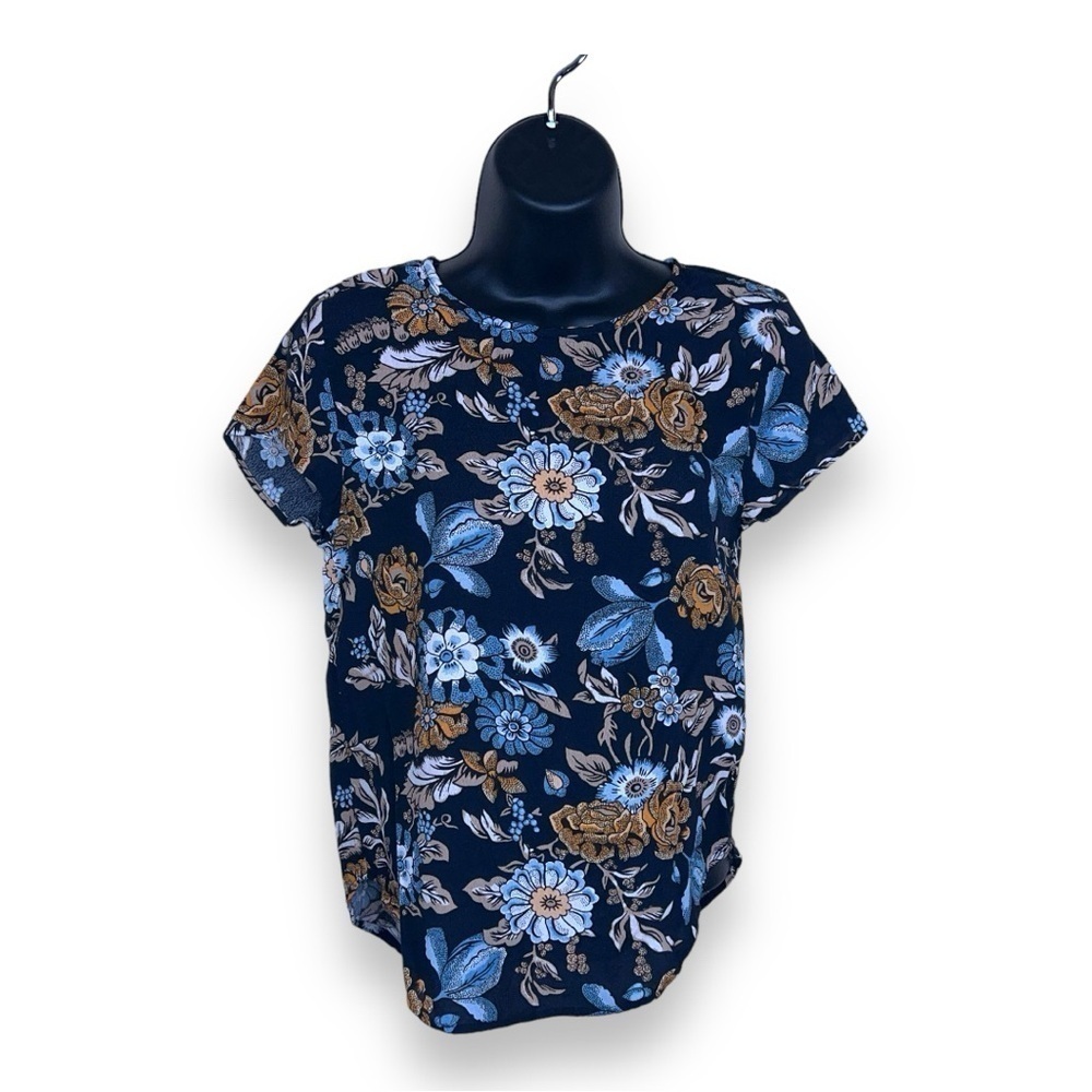 SIZE 2 H&M BLUE FLORAL BLOUSE SHORT SLEEVE TOP COLORFUL LIGHTWEIGHT
